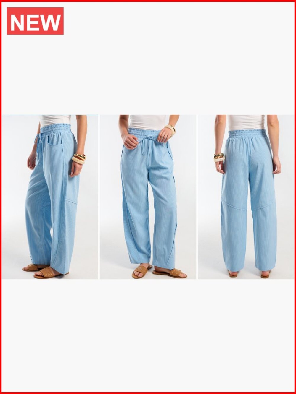 Womens Striped Barrel Casual Pants Elastic Drawstring Wide Leg Trousers with - Picture 7 of 7